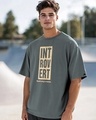 Shop Men's Dark Shadow Grey Introvert Typography Oversized T-shirt-Front