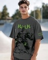 Shop Men's Dark Shadow Grey Marvel Hulk Graphic Printed Oversized T-shirt-Front