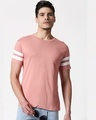 Shop Men's double tape panel T-Shirt(Pink & White)