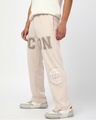 Shop Men's Ecru Melange Icon Graphic Printed Oversized Wide Leg Track Pants-Front