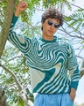 Shop Men's Emerald Green & Beige Printed Sweater-Front