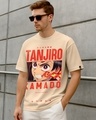 Shop Men's Ginger Root Brown Tanjiro Fire Breathing Graphic Printed Oversized T-shirt-Front