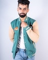 Shop Men's Green & Beige LA Color Block Relaxed Fit Varsity Jacket-Front