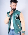 Shop Men's Green & Beige LA Color Block Relaxed Fit Varsity Jacket-Design