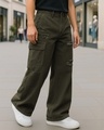 Shop Men's Green Baggy Distressed Straight Fit Cargo Jeans-Front