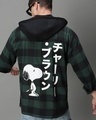 Shop Men's Green & Black Snoopy Checked Oversized Hooded Shirt-Front