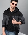 Shop Men's Grey and Black Color Block Slim Fit Hooded Jacket
