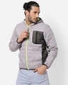 Shop Men's Grey and Black Color Block Hooded Jacket-Front