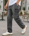 Shop Men's Grey Baggy Fit Washed Cargo Mid-Rise Jeans-Front