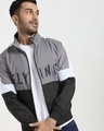 Shop Men's Grey & Black Color Block Plus Size Windcheater Jacket-Front