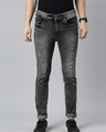 Shop Men's Grey Distressed Slim Fit Jeans-Front