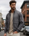 Shop Men's Grey Oversized Windcheater Jacket-Front