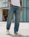 Shop Men's Sky Blue Baggy Fit Washed Cargo Mid-Rise Jeans-Front
