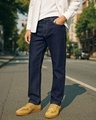 Shop Men's Indigo Blue Slim Straight Fit Stretchable Jeans-Front