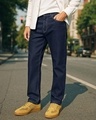 Shop Men's Indigo Blue Slim Straight Fit Stretchable Mid-Rise Jeans-Front