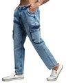Shop Men's Indigo Blue Washed Distressed Straight Fit Cargo Jeans-Design