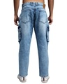 Shop Men's Indigo Blue Washed Distressed Straight Fit Cargo Jeans-Full