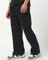 Shop Men's Jet Black Baggy Straight Fit Cargo Pants-Front