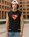 Shop Men's Jet Black Superman Logo Graphic Printed Oversized Vest-Front