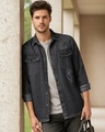 Shop Men's Jet Black Punisher Washed Denim Shirt-Front