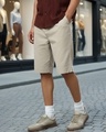 Shop Men's Khaki Brown Oversized Cotton Linen Shorts-Front
