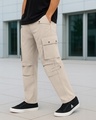 Shop Men's Light Beige Straight Fit Cargo Pants-Front