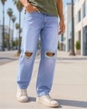 Shop Men's Light Blue Baggy Fit Distressed Mid-Rise Jeans-Front