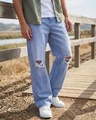 Shop Men's Light Blue Washed Baggy Fit Distressed Mid-Rise Jeans-Front