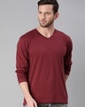Shop Men's Maroon Full Sleeve V Neck T-shirt-Front
