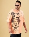 Shop Men's Orange Mickey Smiling Graphic Printed Oversized Plus Size Acid Wash T-shirt-Front