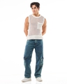 Shop Men's Navy Blue Baggy Straight Fit Washed Cargo Jeans-Full