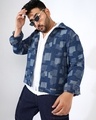 Shop Men's Navy Blue Blocks Printed  Oversized Plus Size Denim Jacket-Front