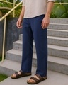 Shop Men's Navy Blue Cargo Cotton Linen Pants-Front