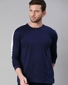 Shop Men's Navy Blue Full Sleeve T-shirt (White Stripe)-Front