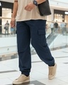 Shop Men's Navy Blue Oversized Plus Size Cargo Jogger Pants-Front