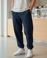 Shop Men's Navy Blue Oversized Warm Joggers-Front