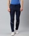 Shop Men's Navy Blue Solid Slim Fit Mid-Rise Track Pants-Front