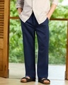 Shop Men's Navy Blue Straight Fit Cotton Linen Pants-Front