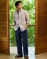 Shop Men's Navy Blue Straight Fit Cotton Linen Pants