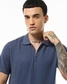 Shop Men's Navy Blue Textured Flatknit Polo T-shirt