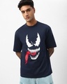 Shop Men's Navy Blue Venom Graphic Printed Oversized T-shirt-Front