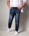 Shop Men's Navy Blue Washed Distressed Plus Size Jeans-Front