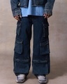 Shop Men's Navy Blue Washed Baggy Oversized Cargo Jeans-Front