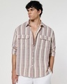 Shop Men's Off White & Dusty Pink Striped Oversized Shirt-Front