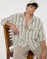 Shop Men's Off White & Green Striped Oversized Shirt-Front