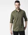 Shop Men's Olive Casual Twill Over Dyed Slim Fit Shirt-Front