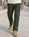 Shop Men's Olive Green Baggy Fit Washed Mid-Rise Jeans-Front
