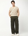 Shop Men's Olive Green Baggy Straight Fit Cargo Pants-Full