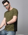 Shop Men's Olive Green Color Blocked Slim Fit T-shirt-Front