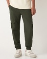 Shop Men's Olive Green Super Loose Fit Cargo Jogger Pants-Front